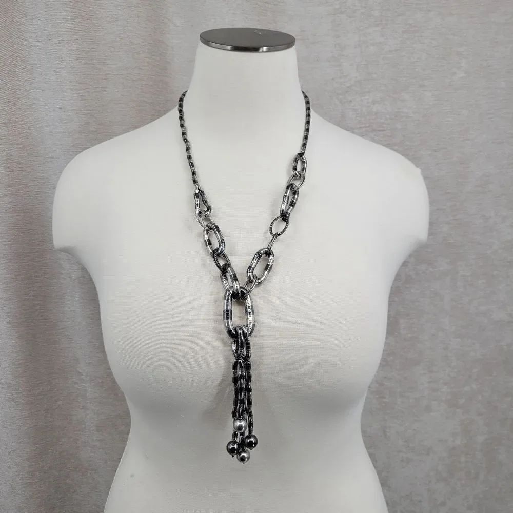 Chicos Silver Gunmetal Tone Y Drop Ball Tassel Link Articulated Necklace 29-33”